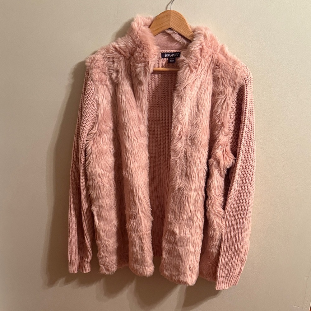 Roaman’s Pink Faux Fur Cardigan